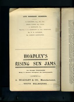 List of Honorary Life Members and advertisement for Hoadley's Rising Sun Jams