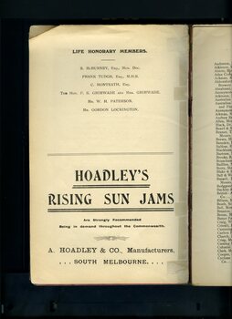 List of Honorary Life Members and advertisement for Hoadley's Rising Sun Jams
