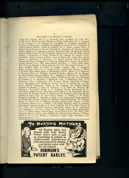 Listing of subscriptions and donations received and advertisement for Robinson's Barley