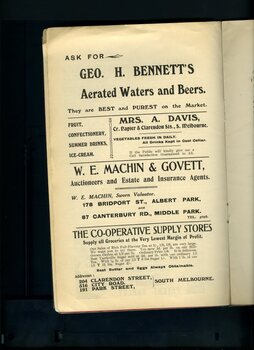 Advertisement for Aerated water and beers, Mrs A Davis shop, Machin and Govett real estate agents and Co-operative Supply Stores