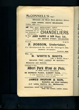 Advertisement for McConnell's, John Danks & Son, R Robson, R White's Boots, Albert Park Mont de Piete and James Ingram & Son