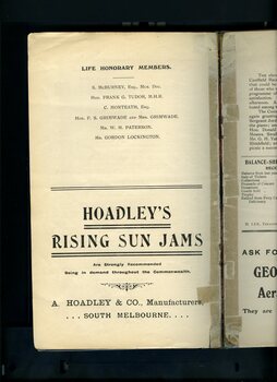 Listing of Honorary life members and advertisement for Hoadley's Rising Sun jams