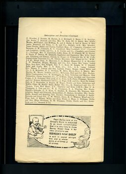 Listing of subscriptions and donations received and advertisement for Robinson's Barley