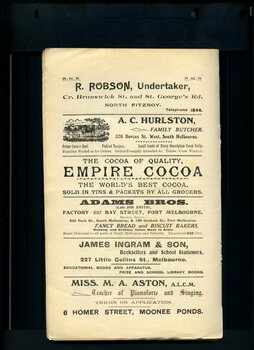 Advertisements for R Robson, A.C. Hurlston, Empire Cocoa, Adams Bros, James Ingram & Son, M.A. Aston