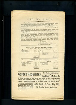Update on tea agency, with balance sheet, and advertisement for John Danks & Sons