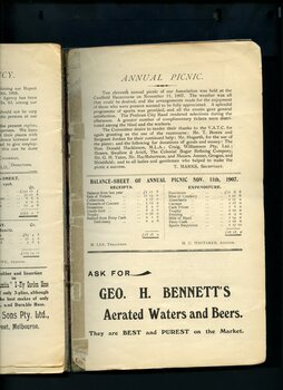 Update on annual picnic with balance sheet, and advertisement for Geo H Bennett's aerated waters and beers