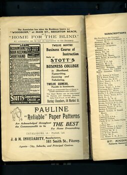 Advertisement for 'Home for the Blind', Stott's Correspondence College, Stott's Business College and Pauline Reliable Paper Patterns