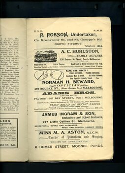 Advertisement for R Robson, A C Hurlston, Norman H Seward, Adams Bros, James Ingram & Son, Miss M A Aston