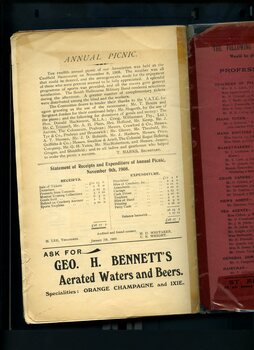 Report on the Annual Picnic with balance sheet and advertisement for Aerated water and beer
