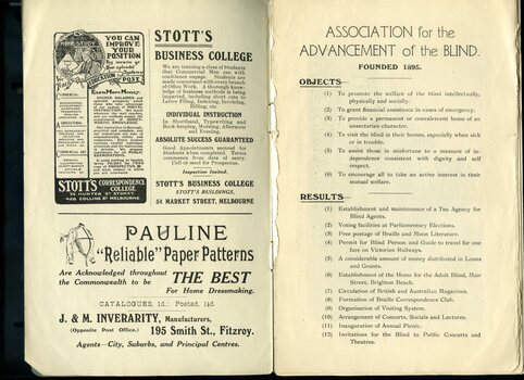 Advertisement for Stott's Business and Correspondence College and Pauline Paper Patterns.  Objects and results of the Association.