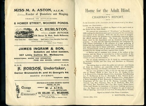 Advertisement for M.A. Aston, A.C. Hurlston, James Ingram and Son, R Robson and W J Aird, and report from the chairman of the Adult Blind Home