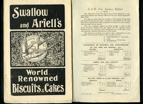 Advertisement for Swallow and Ariell's biscuits and cakes and Report on the AAB Tea Agency with balance sheet