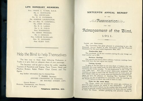 List of Life Honorary Members and Recommendation to employ a blind tradesperson.  Overview of activities and events of the past year