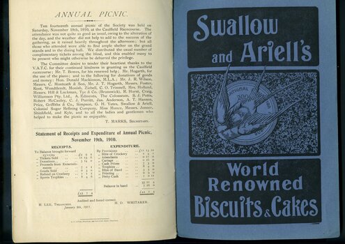 Report on the Annual Picnic with balance sheet.  Advertisement for Swallow and Ariell's biscuits and cakes