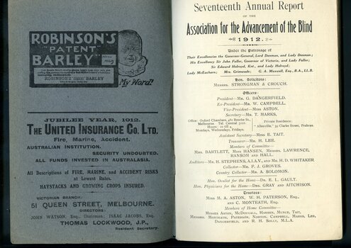 Advertisement for Robinson's Barley and United Insurance and list of Committee members