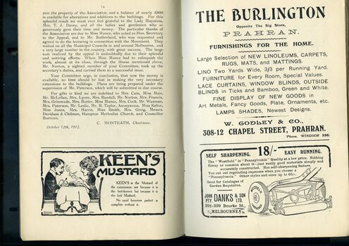 Report from the Chairman of the Adult Home for the Blind.  Advertisements for Keen's Mustard, the Burlington and John Danks & Son.