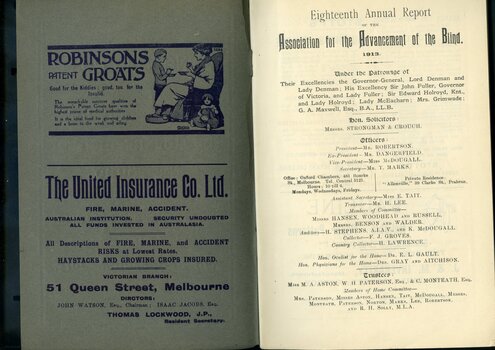 Advertisement for Robinson Groats and United Insurance.  List of Committe members