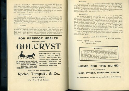 Overview of activities and events of the past year.  Advertisements for Golcryst, Home for the Blind and obituary for W H Campbell