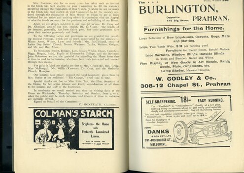 Report from the Chairman of the Adult Home for the Blind.  Advertisements for Colman's Starch, the Burlington and John Danks & Son