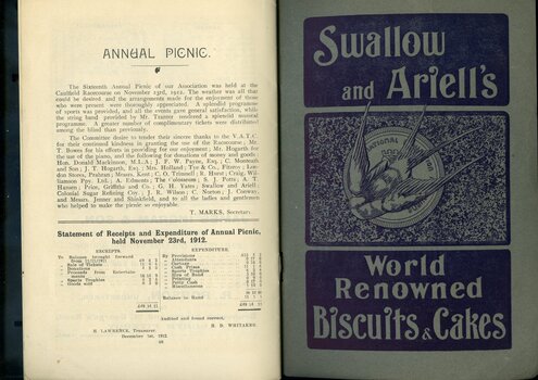 Report on the Annual Picnic with balance sheet.  Advertisement for Swallow and Ariell's biscuits and cakes