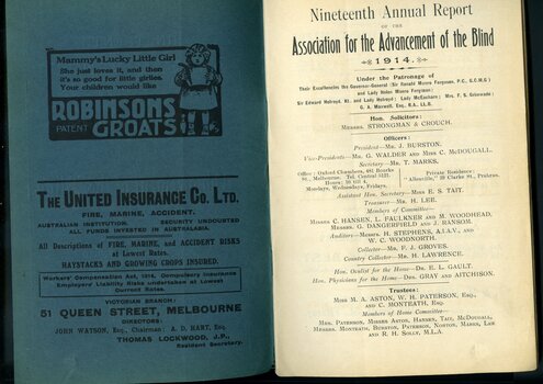 Advertisement for Robinson Groats and United Insurance.  List of Committee Members
