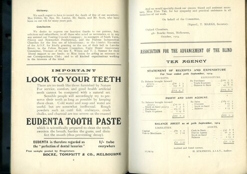 Overview of activities and events of the past year.  Advertisement for Eudenta Tooth Paste.  Balance sheet for the AAB Tea Agency.