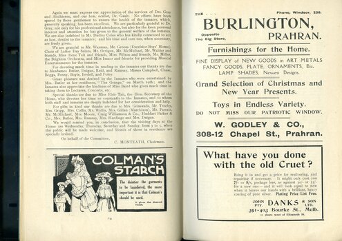 Report from the Chairman of the Adult Home for the Blind.  Advertisement for Colman's Starch, the Burlington and John Danks & son