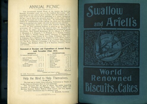 Report on the Annual Picnic with balance sheet.  Request to employ blind trades.  Advertisement for Swallow and Ariell's biscuits and cakes
