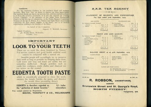 Overview of activities and events of the past year.  Advertisements for Eudenta Tooth Paste and R Robson.  AAB Tea Agency balance sheet