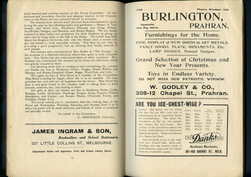 Report from the Chairman of the Adult Home for the Blind.  Advertisement for James Ingram & Son, John Danks & Sons and the Burlington
