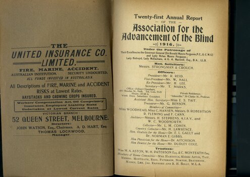 Advertisement for United Insurance and list of Committee members