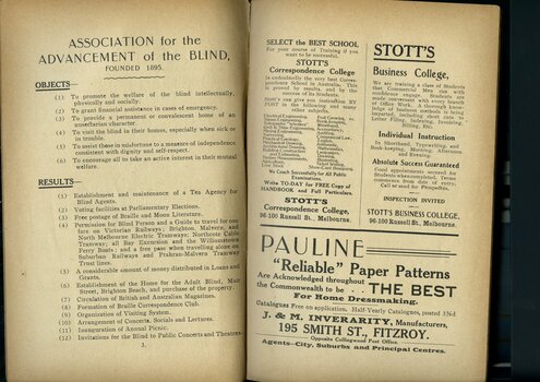 Objects and Results of the Association.  Advertisement for Stott's College and Pauline Paper Patterns