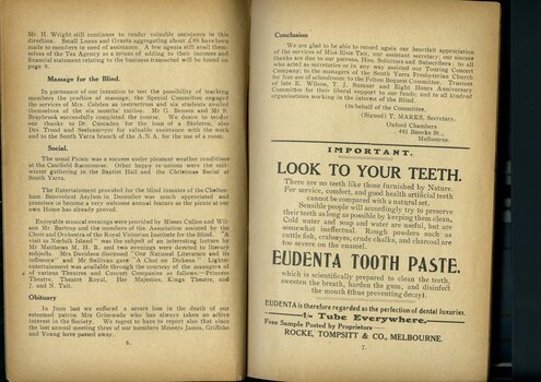 Overview of activities and events of the past year and advertisement for Eudenta Tooth Paste
