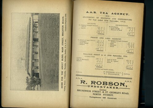 Picture of Adult Home for the Blind, AAB Tea Agency balance sheet and advertisement for R Robson.