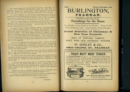Report from the Chairman of the Adult Home for the Blind.  Advertisement for the Burlington and John Danks & Sons