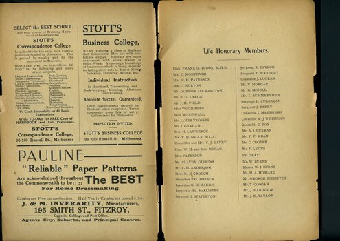 Advertisement for Stott's College and Pauline Paper Patterns.  List of Honorary Life Members.