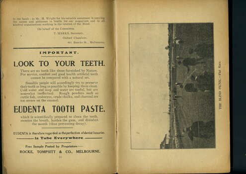 Overview of activities and events of the past year, advertisement for Eudenta Tooth Paste and photograph of race at Annual Picnic