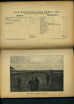 Annual Picnic balance sheet and photograph of race at picnic