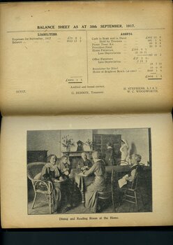 Balance sheet and photograph of residents in the dining room at the Home