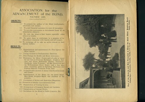Objects and Results of the Association and photograph of the grounds at the Adult Home for the Blind