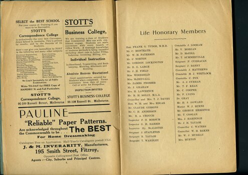 Advertisement for Stott's College and Pauline Paper Patterns.  List of Honorary Life Members