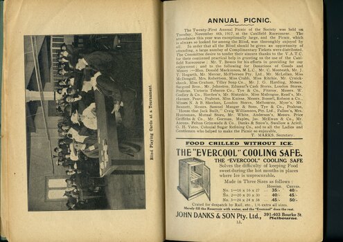 Report on the Annual Picnic.  Photograph of blind people playing cards in a tournament and advertisement for John Danks & Son