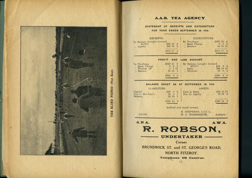 Photograph of race at Annual Picnic, advertisement for R Robson and AAB Tea Agency Balance sheet