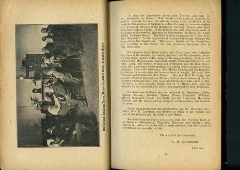 Report from the Chairman of the Adult Home for the Blind and photograph of residents in the dining room