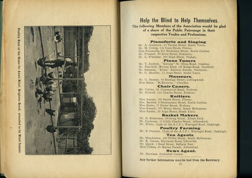 Blind residents attending to chicken run at Home and List of members with professions and trades