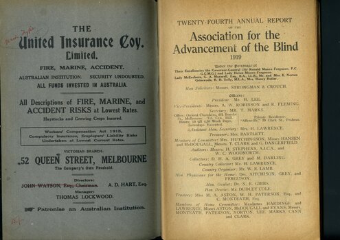 Advertisement for United Insurance.  List of Committee members.