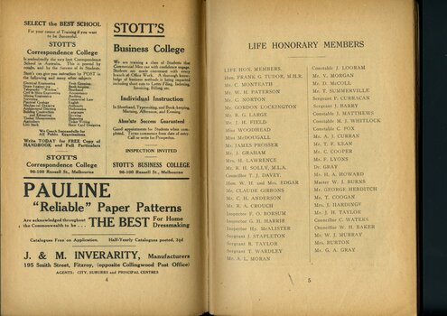 Advertisement for Stott's College and Pauline Paper Patterns and List of Honorary Life Members