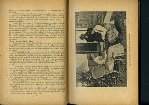 Overview of activities and events of the past year and photograph of seated woman plaiting, attended by two others