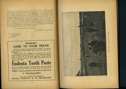 Overview of activities and events of the past year, photograph of race during Annual Picnic and advertisement for Eudenta Tooth Paste