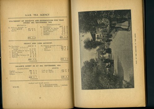Balance sheet for the AAB Tea Agency and photograph of grounds at the Home
